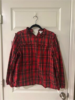 J. Crew Red Plaid Ruffle Yoke Long-Sleeve Top